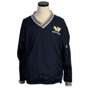 May include: A navy blue pullover jacket with a V-neck collar and white and black striped trim. The jacket features the text "New Vision" and a logo on the chest. The sleeves and hem have matching striped cuffs.