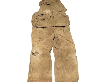 Vintage Carhartt Bib Overalls Thrashed Distressed Tan 40x28 Double Knee 70’s.
