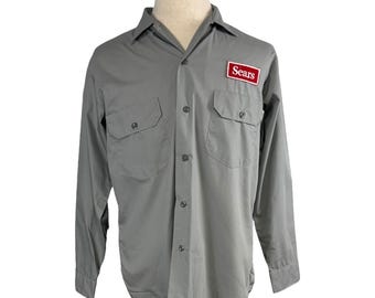 Vintage 60s Sears Permanent Press Gray Work Shirt M Long Sleeves