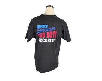 Vintage 90s Hanes Heavyweight Jerry Springer Security Graphic Tee XL Czarna bawełna Wyprodukowano w USA