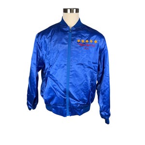 Vintage Blue Satin Speedy Embroidered Stars & Name &quot;Tom&quot; Union Made USA XL