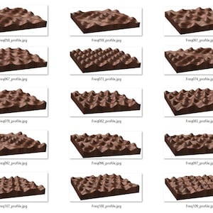 May include: A series of 25 images showing different frequencies of a 3D surface. The surface is brown and has a textured appearance. The images are labeled with the frequency of the surface, from 07 to 102.