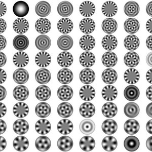 May include: A set of 64 black and white circular patterns, each with a different design. The patterns are arranged in a grid, with each row and column containing 8 patterns.