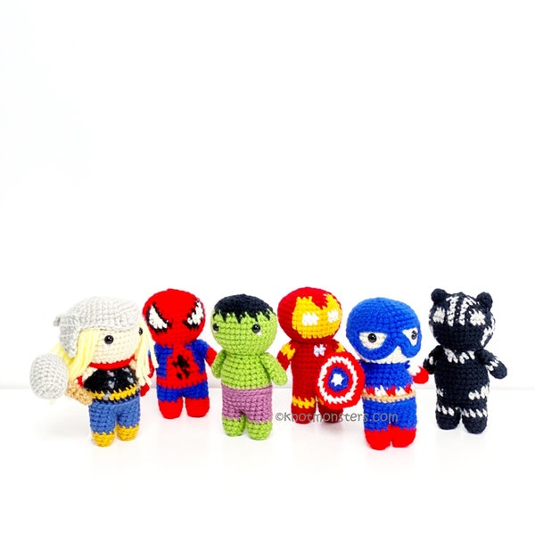 Tous les 6 Super Hero Bundle Crochet PATTERN ONLY (PDF) télécharger comment les instructions du tutoriel amigurumi guident les super-héros de la panthère du héros débutant