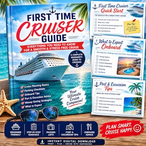 May include: A book titled First Time Cruiser Guide with a large cruise ship on the cover, accompanied by three informational cards featuring checklists, a starfish, and sunglasses. The cover text includes Cruise Planning Basics and Packing Checklists.