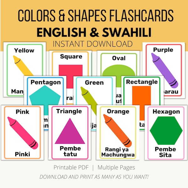 Colors and Shapes Flashcards, English/Swahili, Homeschooling, Bilingual, Kenya, Tanzania