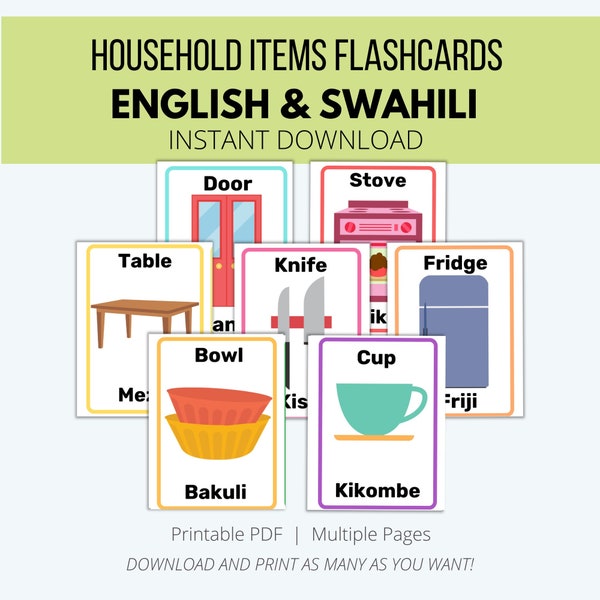 Flashcards sur les articles ménagers, swahili et anglais,