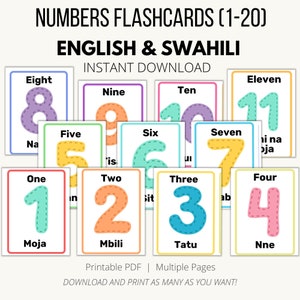 以下が含まれることがあります： 英語とスワヒリ語で1から11までの数字を学ぶための印刷可能なフラッシュカードのセット。各カードには、ステッチされた境界線のあるカラフルな数字と、対応する英語とスワヒリ語の単語が記載されています。
