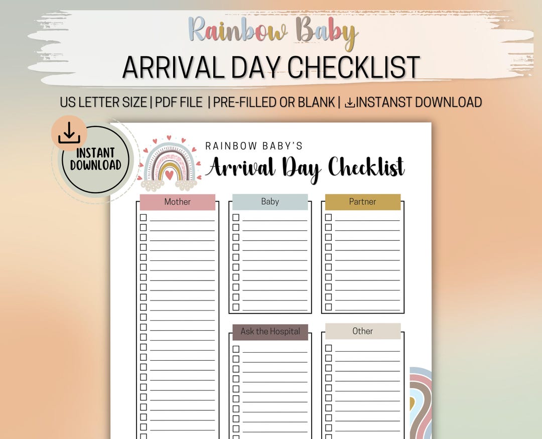 Boho Rainbow Baby Arrival Day Checklist | Hospital Packing List for ...