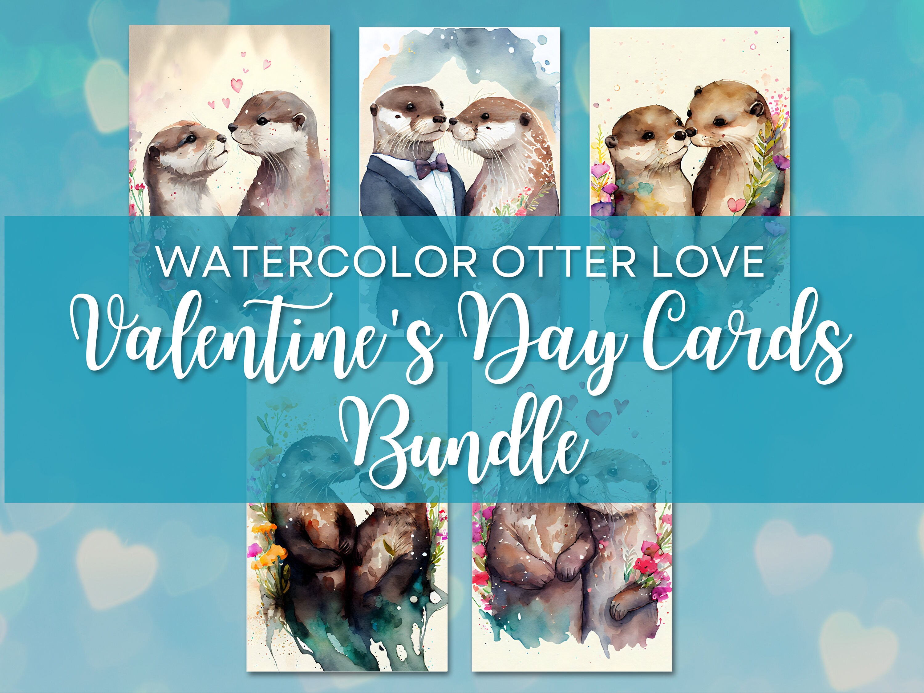 Otter Valentine's Day Cards Watercolor Otter Cards Otter Love Cards ...