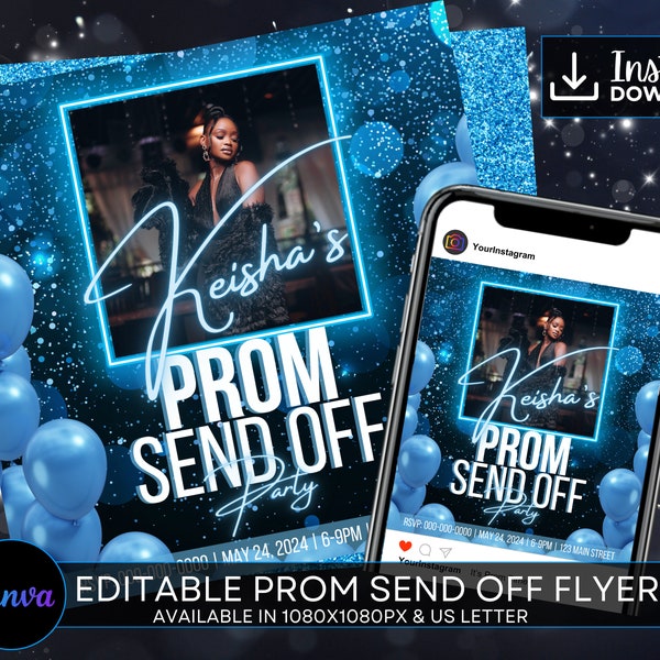 Canva Template Blue Prom Invitation Flyer | Blue Prom Dress | Prom Invitation | Prom Party Invite| Event Flyer Template | Social Media Flyer