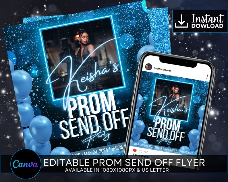 Canva Template Blue Prom Invitation Flyer | Blue Prom Dress | Prom ...