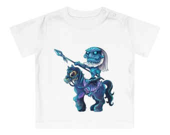 May include: White baby onesie with a blue and purple cartoon illustration of the Night King from Game of Thrones riding a skeletal horse.