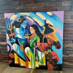 Lord Shiva- Parvati Handmade Acrylic Painting, Wall Decor, Hindu God Art, Indian Painting, Ganesha Painting, Original Indian Painting