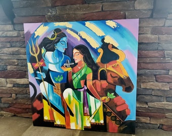 シヴァ神 - パールヴァティ 手作りアクリル画、壁装飾、ヒンドゥー教の神アート、インド絵画、ガネーシャ絵画、オリジナルインド絵画
