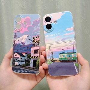 Mount Fuji Village and Seaside Streetcar Japanese Clear TPU Phone Case for iPhone Samsung