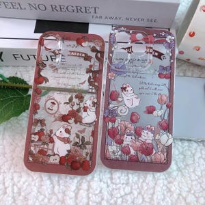 Cute bunny and roses iphone 16, 15, 14, 13 pro max case, Clear bunny and apples phone shell for women, Aesthetic floral phone case for girl