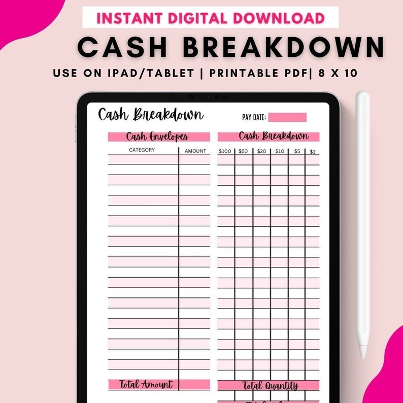 Digital Download for Cash Breakdown Sheet for Cash Stuffing PDF for ...
