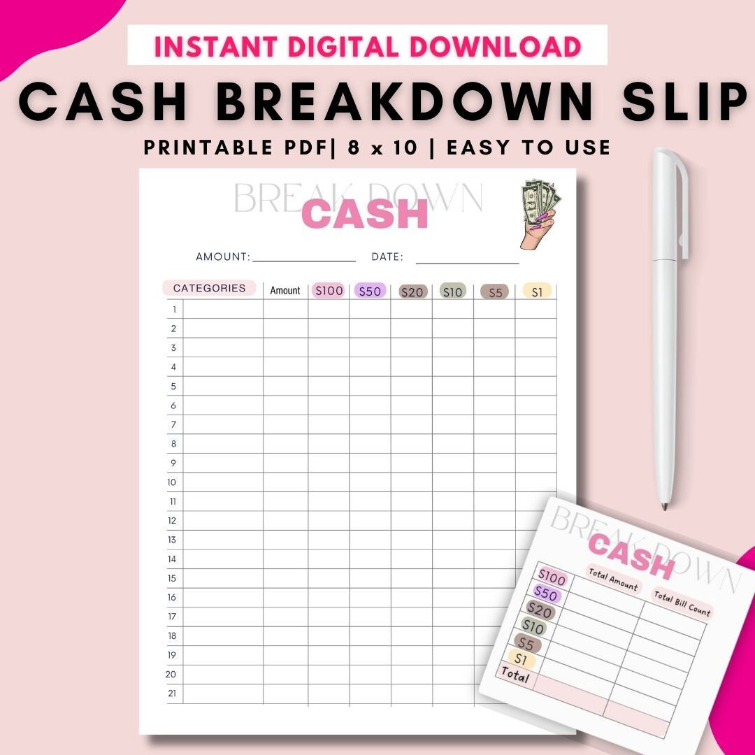 Cash Breakdown Spreadsheet Printable Cash Breakdown Slip for Cash ...