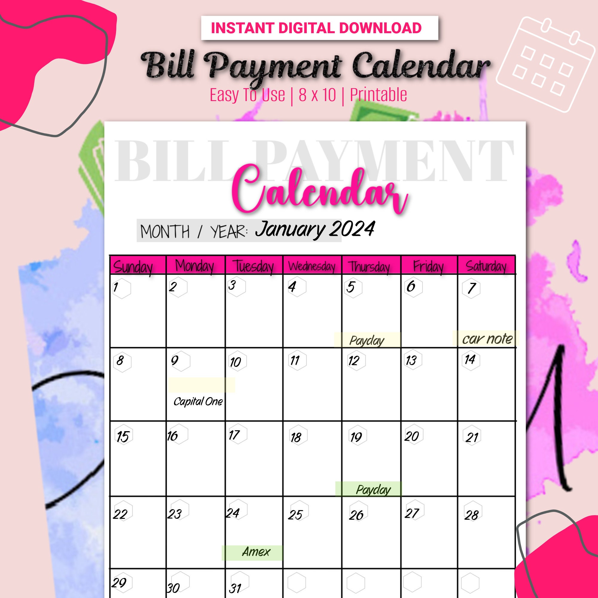 Bill Calendar Printable Bill Calendar Spreadsheet Bill Calendar 2024 ...