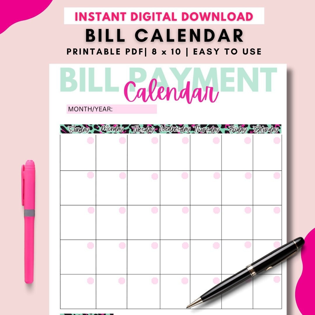 Bill Calendar Printable for Bill Tracking Calendar Organizer Pdf for