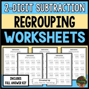 2-Digit Subtraction Worksheets Regrouping l Algorithm l Subtraction Homework l Homeschool Sheets l Subtraction Drills for Kids Math Work