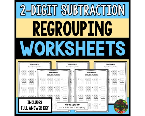 2-Digit Subtraction Worksheets Regrouping l Algorithm l Subtraction Homework l Homeschool Sheets l Subtraction Drills for Kids Math Work