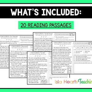 May include: A black and white image showing a set of 20 reading passages for students. The passages are designed to help students learn about story elements. The image includes the text "WHAT'S INCLUDED: 20 READING PASSAGES" and "Isla Hearts Teaching".