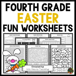 May include: A set of printable Easter-themed worksheets for fourth grade students. The worksheets include a word search, a logic puzzle, a close passage, a word grid, a spy game, a quiz, and a shade by division activity. The worksheets feature a black and white cartoon bunny rabbit holding a carrot.