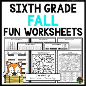 May include: A set of printable sixth grade fall-themed worksheets. The worksheets include a mystery picture, word search, logic puzzle, jumbled words, shade by multiplication, a small word puzzle, descriptions, and a fall spy activity.