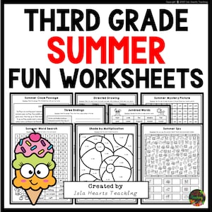 May include: A set of printable summer-themed worksheets for third grade students. The worksheets include activities such as a cloze passage, directed drawing, a word search, a mystery picture, a shade by multiplication activity, jumbled words, and a summer spy activity. The worksheets are black and white and feature a fun ice cream cone illustration.