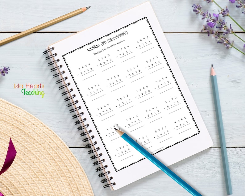 May include: A black and white printable worksheet with the title "Addition (NO REGROUPING)". The worksheet has 10 addition problems with no regrouping. The problems are arranged in a grid format. The worksheet is on a white background.