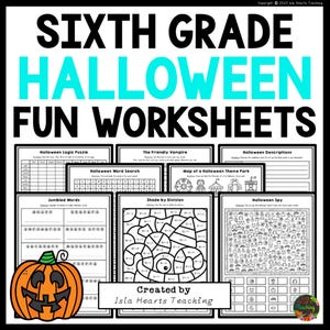 May include: A set of printable Halloween-themed worksheets for sixth grade students. The worksheets include a logic puzzle, word search, map of a theme park, jumbled words, shade by division, descriptions, and a spy game. The worksheets are black and white and feature a pumpkin illustration.