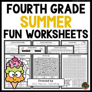 May include: A set of printable summer-themed worksheets for fourth grade students. The worksheets include activities such as a close passage, word grids, a logic puzzle, a word search, a summer quiz, and a summer spy activity. The worksheets are black and white and feature a fun ice cream cone illustration.