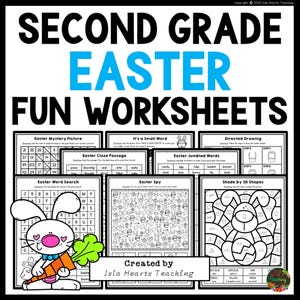 May include: Black and white printable worksheets for second grade students featuring Easter-themed activities such as a word search, a mystery picture, a cloze passage, a spy game, jumbled words, and a directed drawing. The worksheets are titled "Second Grade Easter Fun Worksheets".