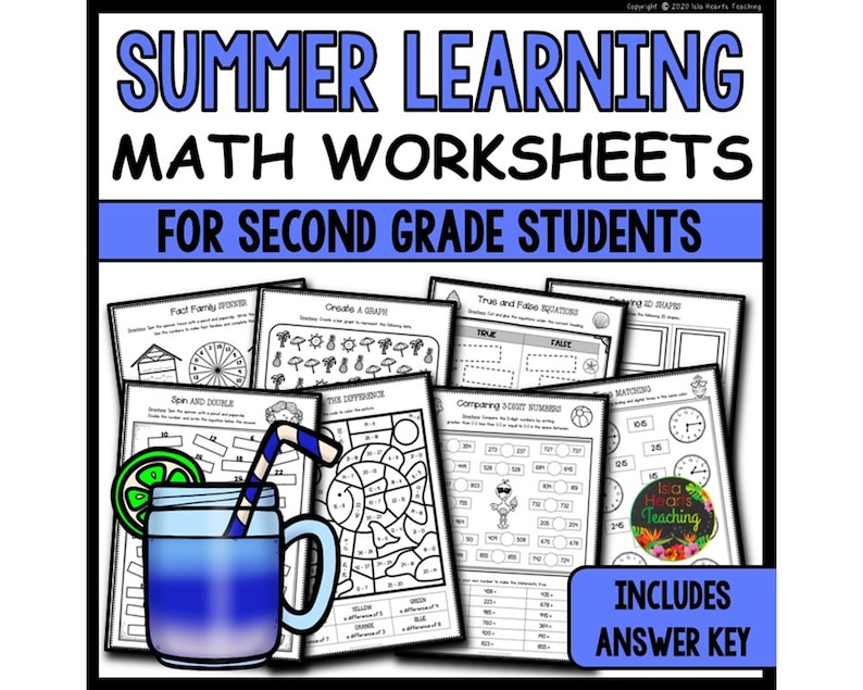 May include: A set of black and white printable maths worksheets for second grade students. The worksheets feature a variety of summer-themed activities, including creating graphs, solving equations, and comparing numbers. The worksheets are designed to help students practise their maths skills while having fun. The text "INCLUDES ANSWER KEY" is at the bottom of the image.