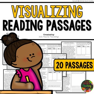 May include: A black and white illustration of a girl with a pencil, thinking about reading passages. The image includes the text "Visualizing Reading Passages" and "20 Passages".