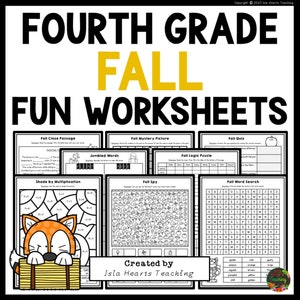 May include: A black and white educational worksheet set titled "Fourth Grade Fall Fun Worksheets." The worksheets include activities like close passages, mystery pictures, quizzes, and word searches. A cartoon fox is featured on one worksheet. The creator is Isla Hearts Teaching.