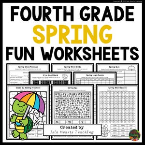 May include: A set of printable spring-themed worksheets for fourth grade. The worksheets include a close passage, word grids, a logic puzzle, a word search, a spy activity, and a quiz. The worksheets feature a black and white color scheme with colorful accents.