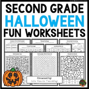 May include: Black and white Halloween themed worksheets for second grade students. The worksheets include activities such as a word search, a cloze passage, a directed drawing, a jumbled words activity, and a shade by blend activity. The worksheets are decorated with a pumpkin and the text "Second Grade Halloween Fun Worksheets".