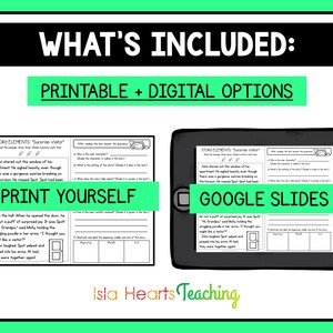 May include: Black and white printable and digital worksheets for a story element activity. The worksheets include the title "Surprise Visitor" and instructions to read the passage, then answer the questions. The text includes the words "Print Yourself" and "Google Slides".