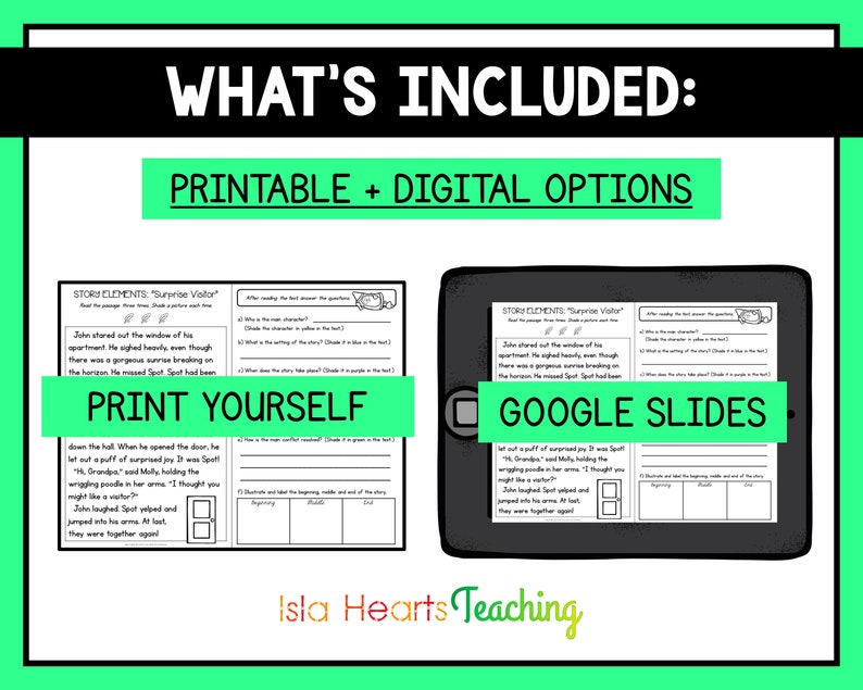 May include: Black and white printable and digital worksheets for a story element activity. The worksheets include the title "Surprise Visitor" and instructions to read the passage, then answer the questions. The text includes the words "Print Yourself" and "Google Slides".