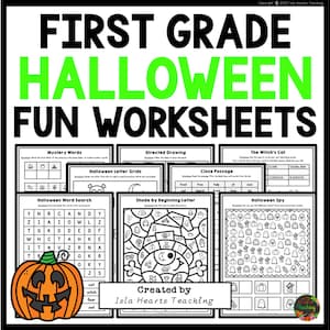 Puede incluir: Un conjunto de hojas de trabajo imprimibles con temática de Halloween para estudiantes de primer grado. Las hojas de trabajo incluyen actividades como búsquedas de palabras, cuadrículas de letras, dibujo dirigido y un pasaje de cierre. Las hojas de trabajo presentan una ilustración en blanco y negro de una calabaza, fantasmas y un gato de bruja.