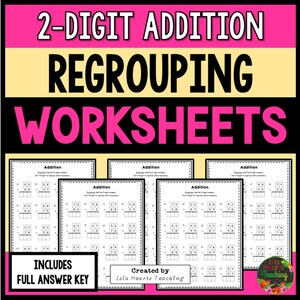 May include: Black and white printable worksheets for 2-digit addition with regrouping. The worksheets include a title, directions, and a grid for solving maths problems. The text "Includes Full Answer Key" is at the bottom of the page.