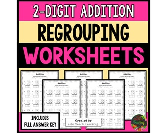 2-Digit Addition Worksheets with Regrouping l Algorithm l Addition Homework l Homeschool Sheets l Addition Drills for Kids Math Worksheets
