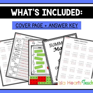 May include: A black and white printable worksheet pack for summer maths practice. The worksheets include addition, subtraction, and observation activities. The cover page features a cartoon illustration of a summer beach scene with a crab, starfish, and seashells. The text "Summer Maths" is written in a bold font.