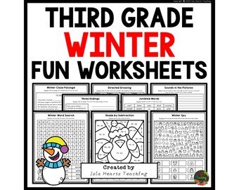 Op de afbeelding: Een set met printbare winterthema-werkbladen voor leerlingen van de derde klas. De werkbladen bevatten activiteiten zoals een woordzoeker, een invultekst, een gerichte tekening, door elkaar gehusselde woorden, schaduwen door aftrekken en een winterspion-activiteit. De werkbladen zijn zwart-wit en bevatten een sneeuwpopillustratie.