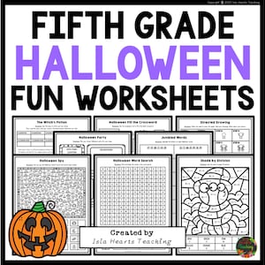 Peut inclure: Un ensemble de feuilles de travail sur le thème d'Halloween en noir et blanc pour les élèves de cinquième année. Les feuilles de travail comprennent des activités telles qu'une recherche de mots, un jeu d'espionnage, une activité de planification de fête, un mot croisé à compléter, un dessin dirigé, une activité de mots mélangés et une activité d'ombrage par division. Les feuilles de travail sont conçues pour être amusantes et engageantes pour les élèves.