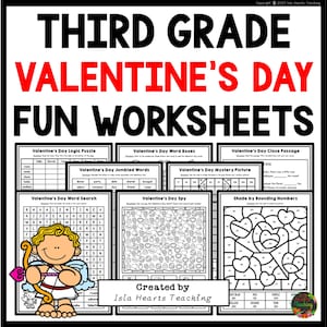 Peut inclure: Un ensemble de feuilles de travail imprimables pour la Saint-Valentin pour les élèves de troisième année. Les feuilles de travail comprennent un casse-tête logique, des cases à mots, des mots mélangés, une recherche de mots, un passage à trous, une image mystère, un jeu d'espionnage et une activité de coloriage par numéros. Les feuilles de travail sont en noir et blanc et présentent une variété de thèmes de la Saint-Valentin.