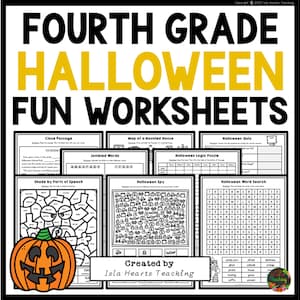 May include: A set of printable Halloween-themed worksheets for fourth grade students. The worksheets include a close passage, a map of a haunted house, a Halloween quiz, a logic puzzle, a word search, and a "shade by parts of speech" activity. The worksheets are black and white and feature a variety of Halloween-themed images.